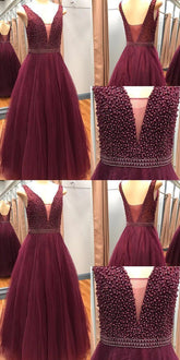 Classy Burgundy Plunge V neck Tulle Puffy Prom Dress, GDC1173-Dolly Gown